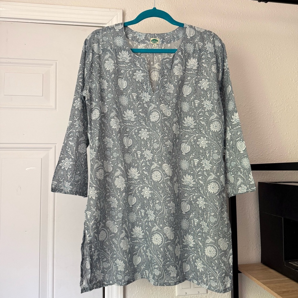 DOLMA grey white blue floral semi sheer cotton long sleeve tunic blouse shirt
